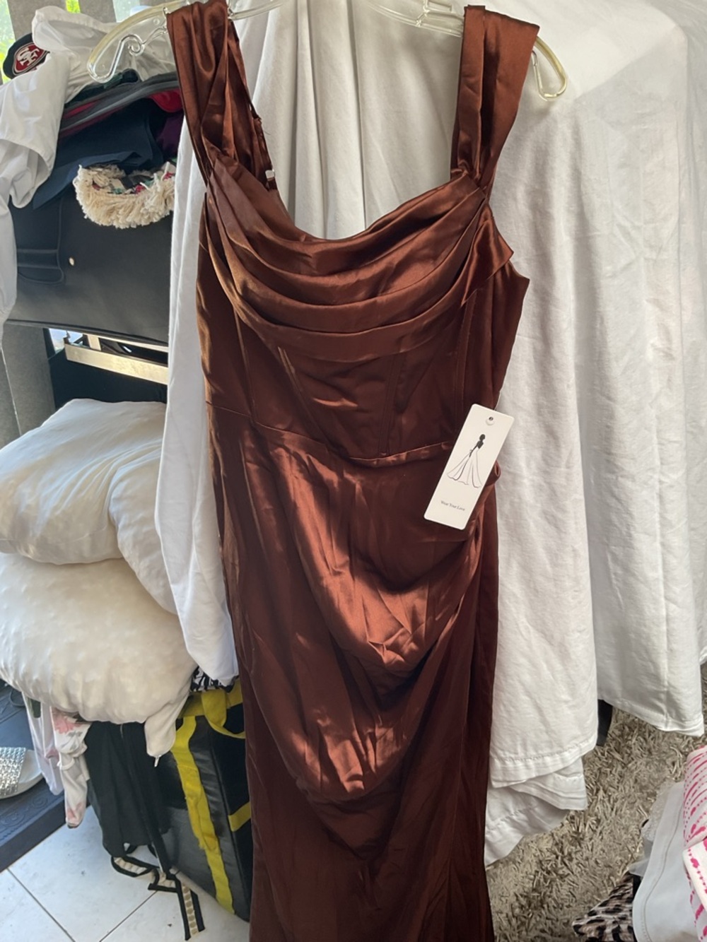 Wear your love. Satin Brown Cowl Neck Evening Gown
